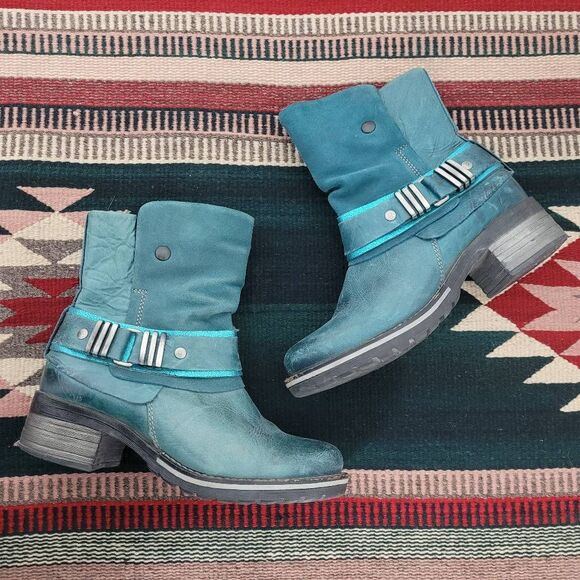 Dromedaris Kikka Teal Leather Ankle Booties Sz 37 US 6.5-7 Steampunk Pirate Boho - Picture 1 of 9
